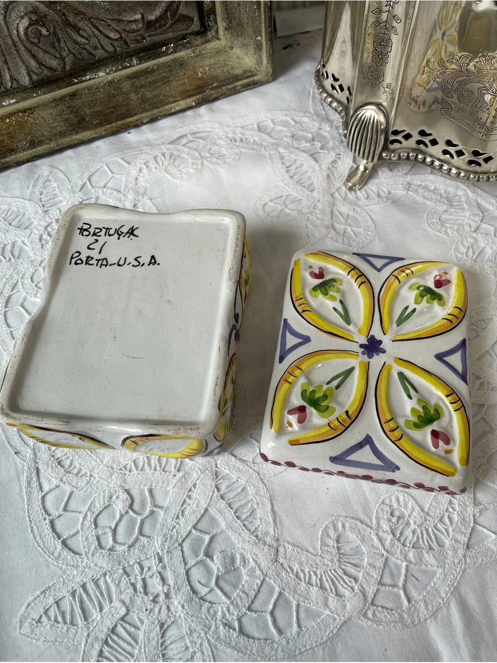 Vintage white & yellow hand-painted ceramic trinket box
